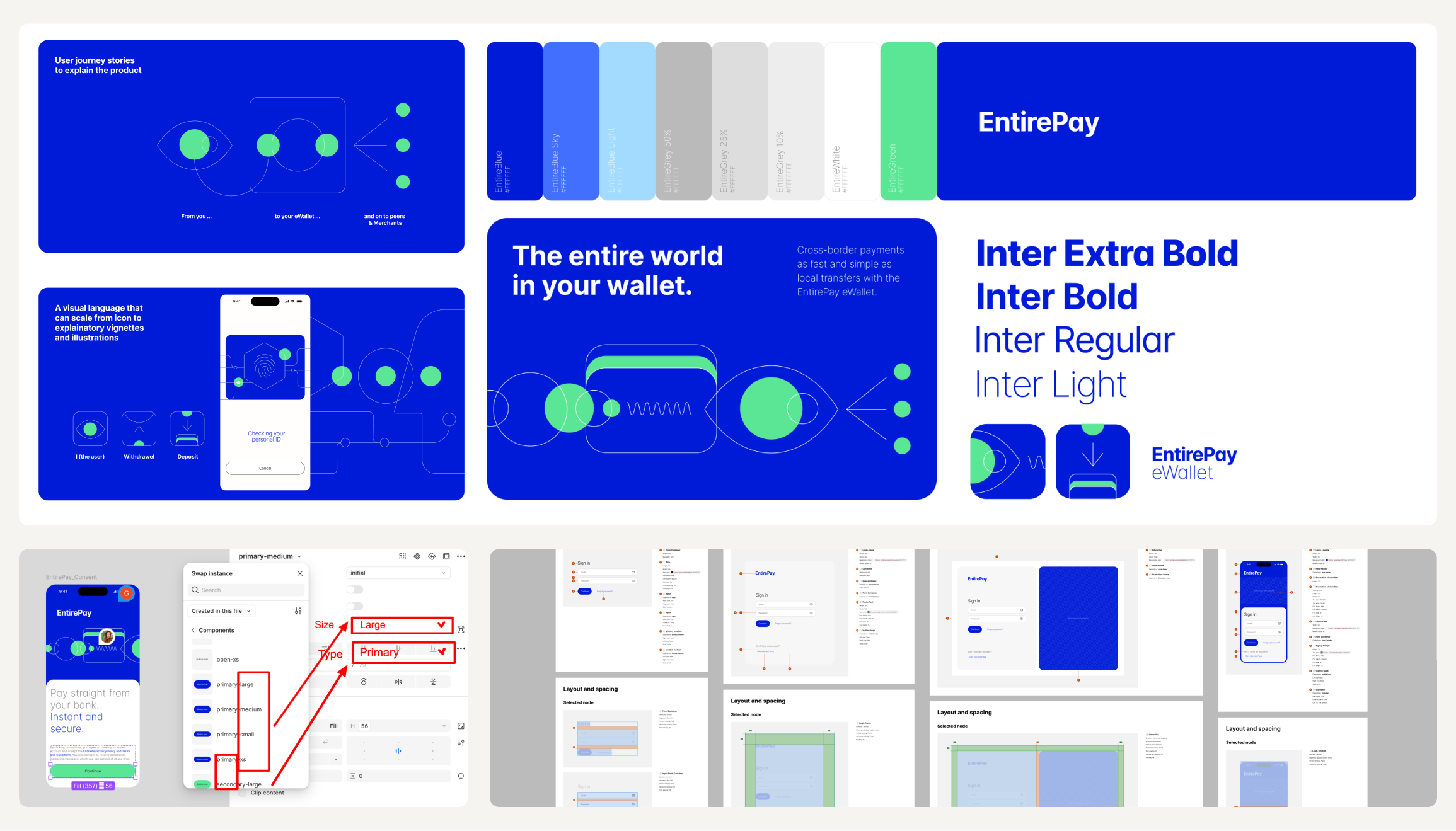 EntirePay brand identity: logo, colour palette, Inter typography, and visual language.