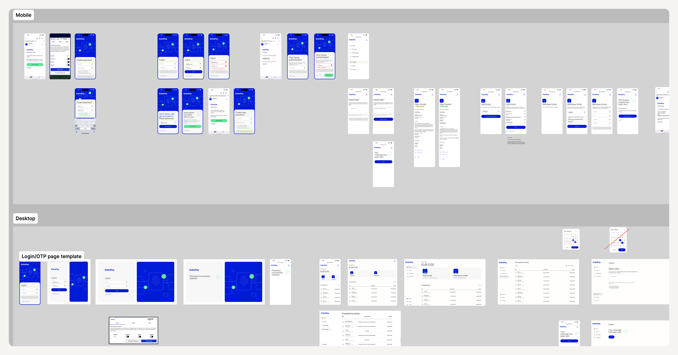 EntirePay design system: mobile and desktop screens covering login, OTP, transactions, and support.