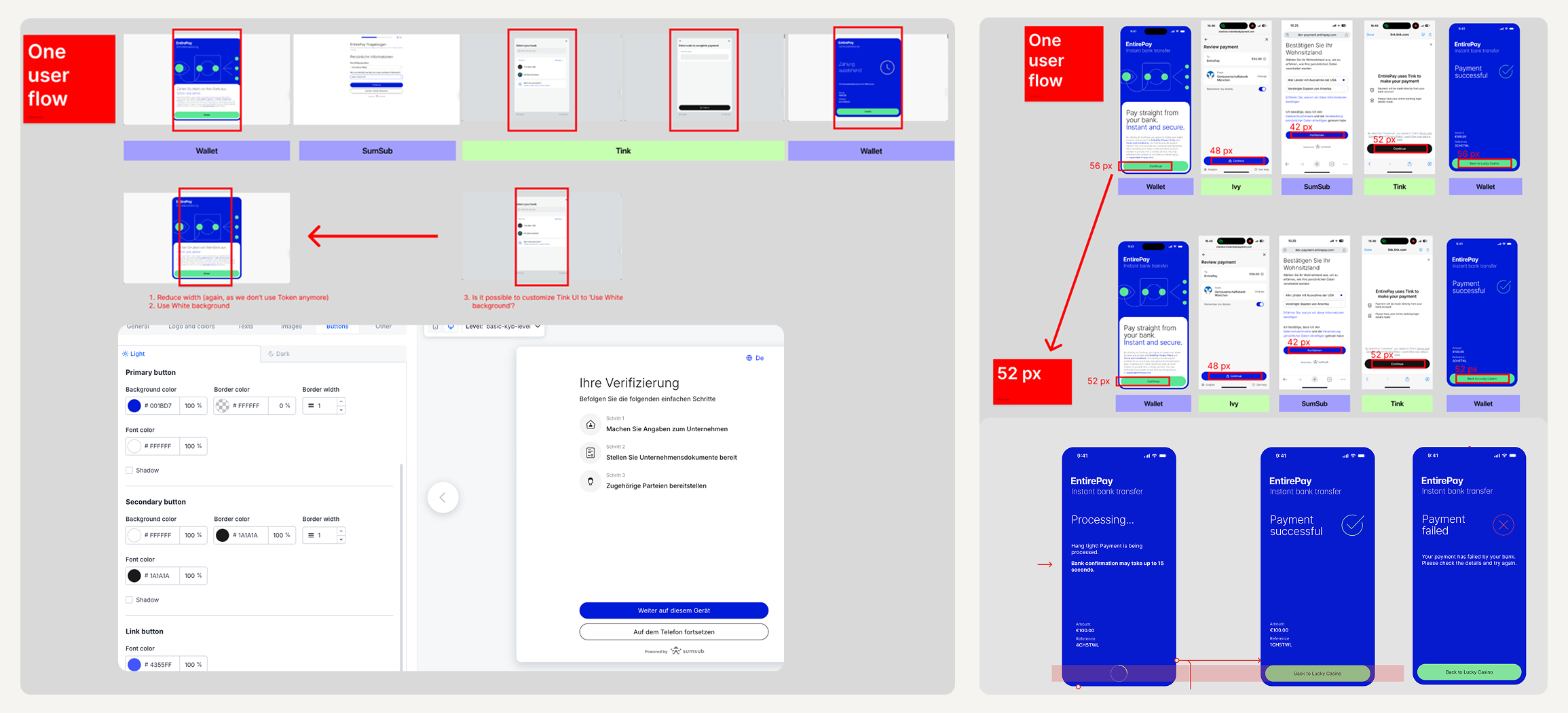 Cross-provider UX consistency review: aligning the EntirePay wallet, SumSub KYC, and Tink Open Banking surfaces in a single user flow.