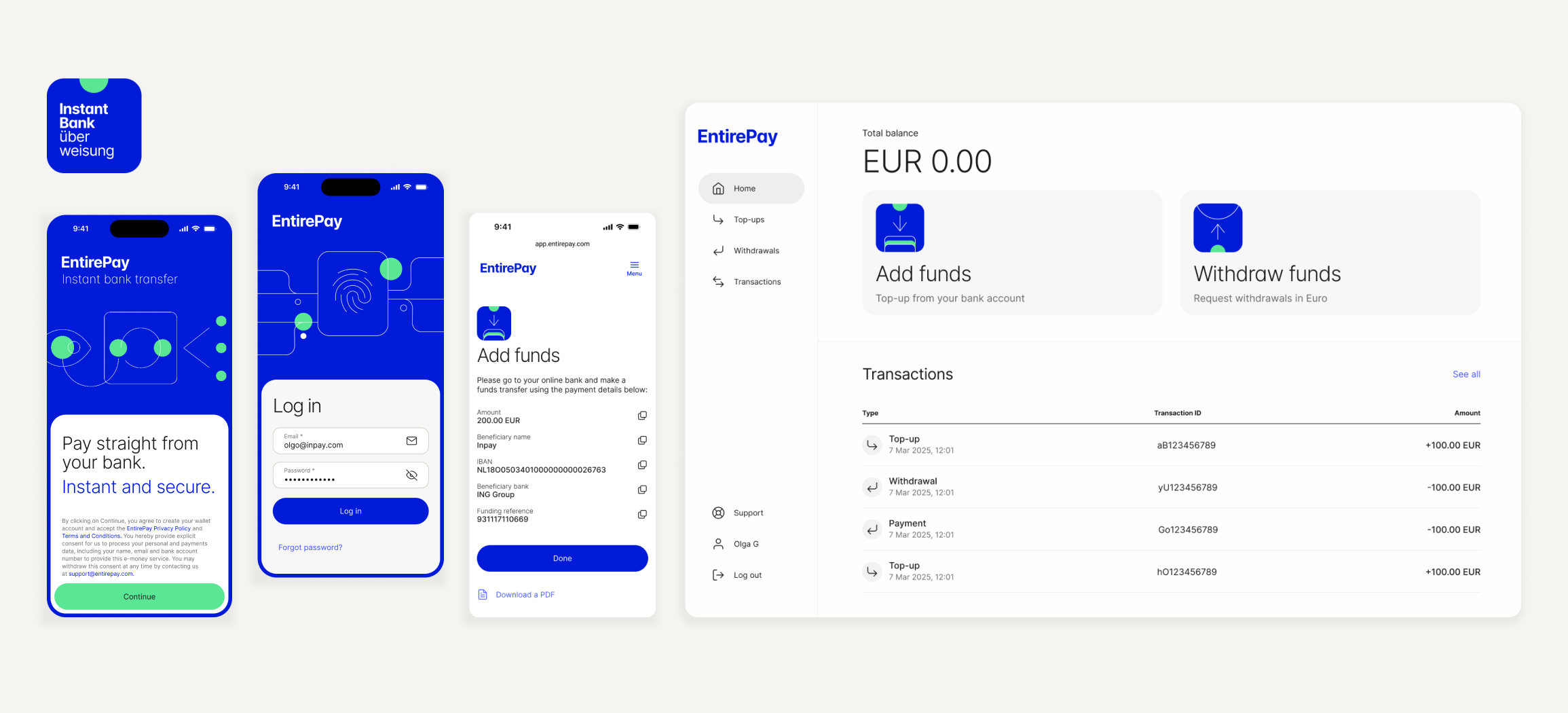 Final EntirePay UI: instant bank transfer, login, add funds, and the desktop wallet dashboard.